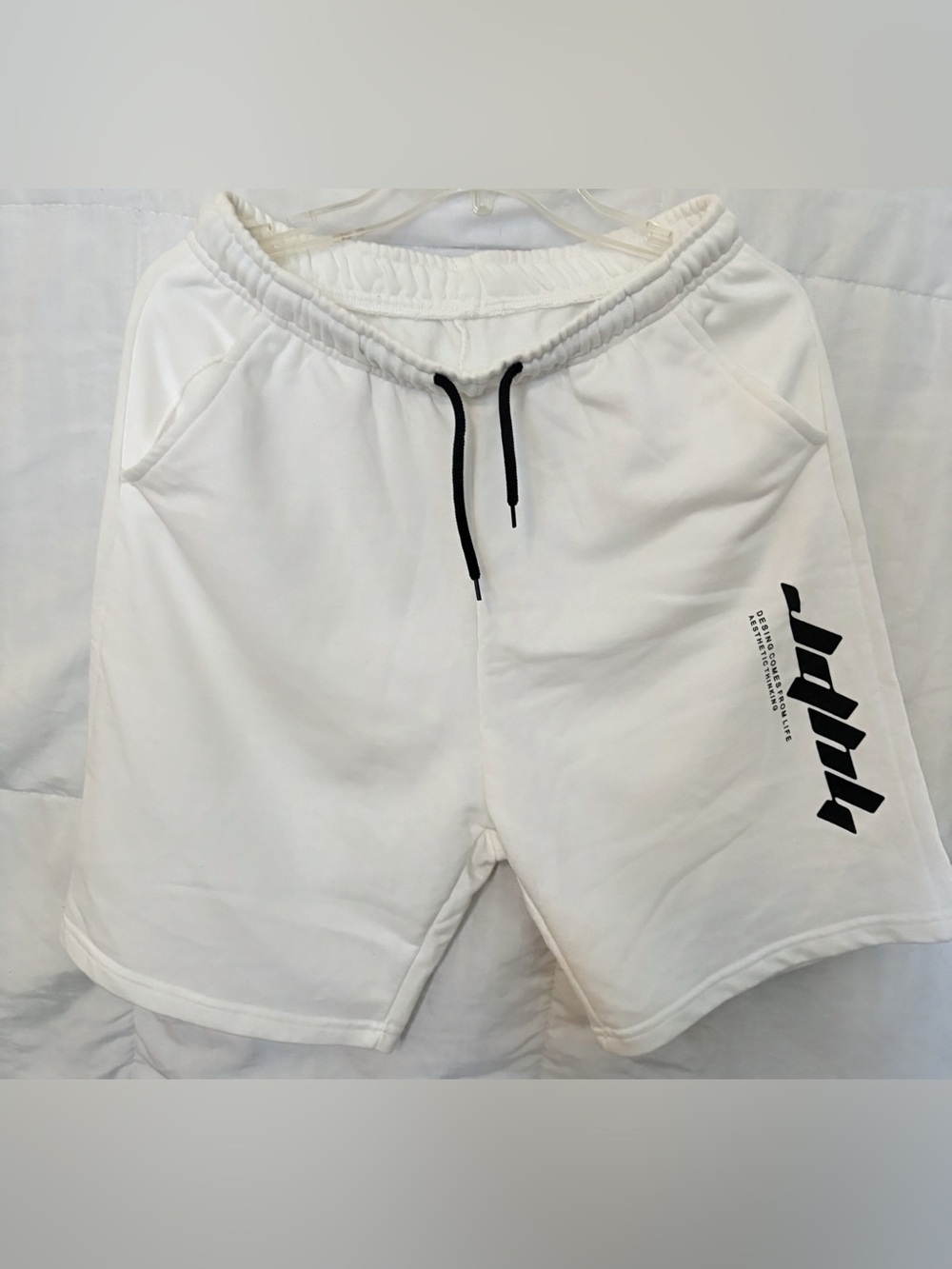 Men's White Athletic Drawstring Shorts with Side Graphic